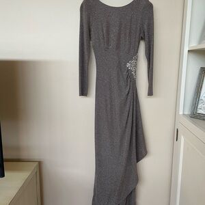 Xscape Taupe silver thread embellished Long Sleeve Dress